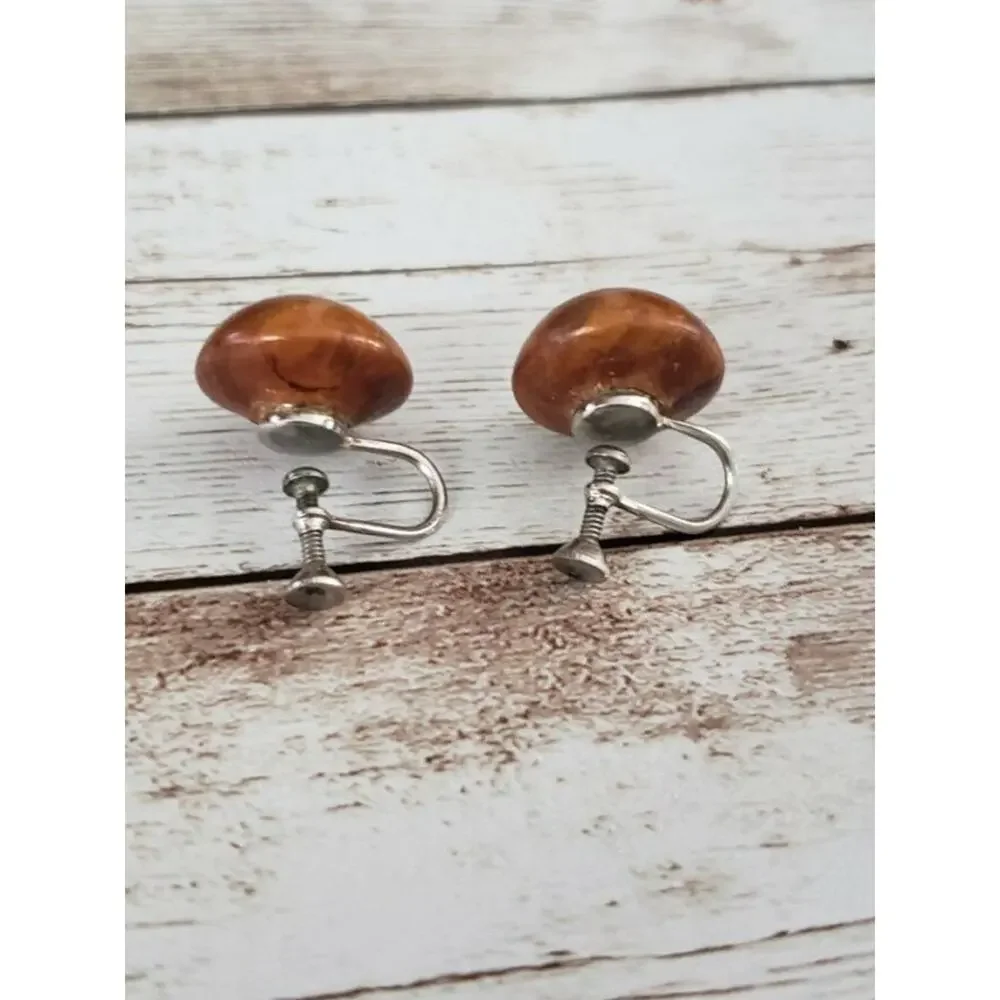 Vintage Screw On Earrings - Woodgrain Style Tan / Brown Domed Circle 5/8